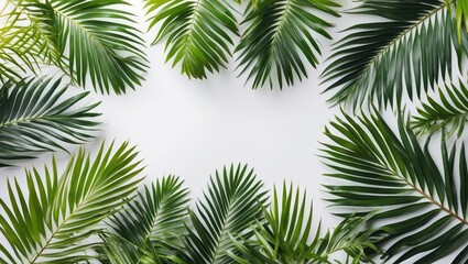 Tropical palm leaves arranged on white background with copy space for text placement in center.
