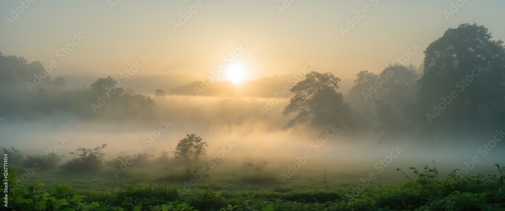 Canvas Prints morning fog rolling over a lush green field with trees and the sun rising in the background copy spa