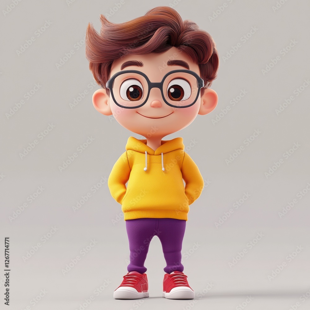 Aufkleber Charming 3D cartoon character of a boy with glasses enjoying a bright day in a playful atmosphere. Generative AI