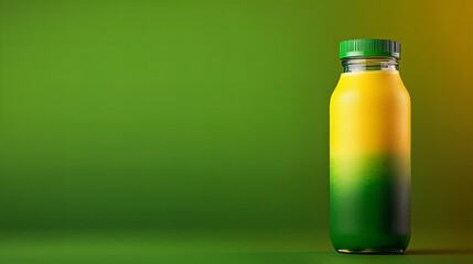 Refreshing yellow and green beverage in a glass bottle against a green background.