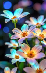 Fototapeta premium A stunning close-up of vibrant, glowing flowers in full bloom, illuminated with soft golden light. 