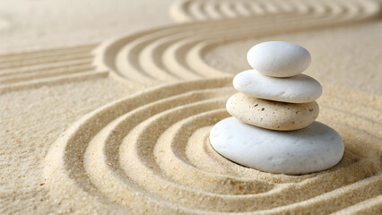 Balanced White Stones Stacked in Zen Garden with Raked Sand Patterns Creating a Peaceful Atmosphere