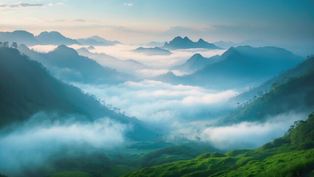 Misty mountain landscape with rolling hills and low clouds during sunrise in a tranquil environment with copy space