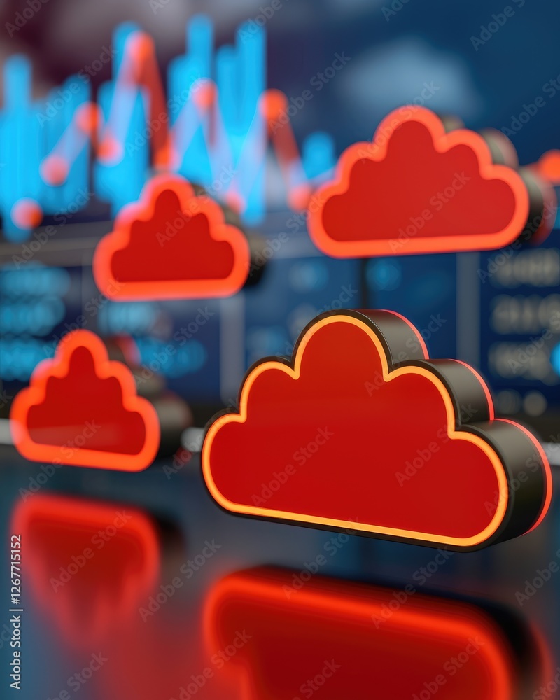 Poster a futuristic representation of red cloud icons against a backdrop of digital data and graphs, symbol