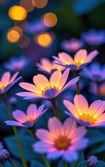 Fototapeta premium A stunning close-up of vibrant, glowing flowers in full bloom, illuminated with soft golden light. 