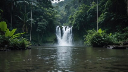 Naklejka premium Tropical waterfall cascading into still water surrounded by dense greenery and palm trees in a serene jungle setting Copy Space