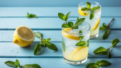 Fototapeta premium Refreshing lemonade with mint leaves served in glasses on a blue wooden table with lemon halves and fresh mint, Copy Space