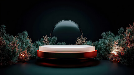 A minimalist display featuring a circular platform surrounded by foliage, illuminated by soft lighting, creating a serene and modern ambiance.