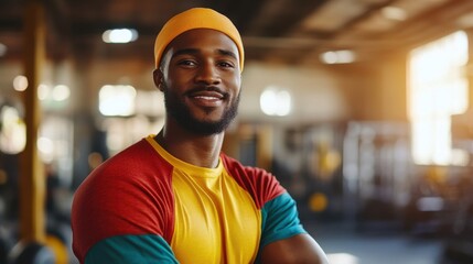 Fototapeta premium A smiling man in a vibrant workout outfit stands confidently in a brightly lit gym, surrounded by modern fitness equipment
