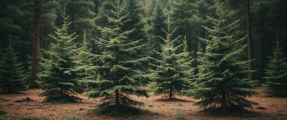 Green coniferous trees in a dense forest setting with a textured ground and natural lighting Copy Space