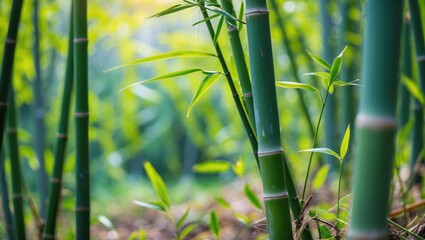 Lush green bamboo forest with slender stalks and vibrant foliage featuring soft light filtering through the plants and copy space.