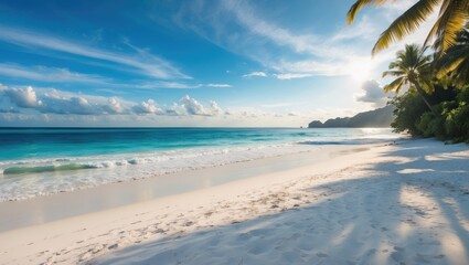 Tropical beach landscape with soft white sand and turquoise ocean under a blue sky and scattered clouds, Copy Space