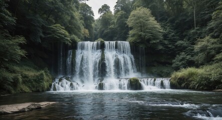 Fototapeta premium Waterfall cascading over rocky ledges surrounded by dense forest vegetation with smooth flowing river in foreground and soft lighting, Copy Space