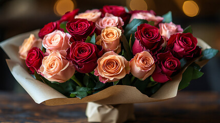 Obraz premium Romantic Rose Bouquet: A captivating bouquet of red and peach roses, artfully arranged and presented in kraft paper wrapping, evokes feelings of love, romance, and celebration.