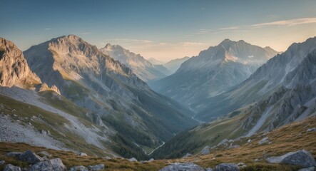 Majestic mountain valley landscape during golden hour with sunlight casting shadows on rocky terrain and distant peaks under clear sky Copy Space