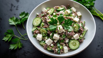 Fresh cucumber and feta cheese salad with shredded meat and parsley garnishing on a dark stone background Copy Space