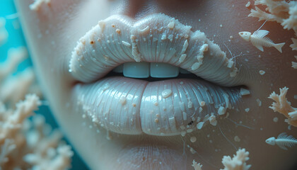 An extreme close-up of lips resembling a fragile, bleaching coral reef, with tiny fish skeletons and plastic strands, symbolizing ocean decay