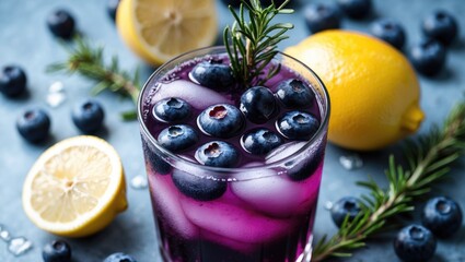 Blueberry lemonade beverage with ice and rosemary garnish surrounded by fresh blueberries and lemon slices on a blue background Copy Space