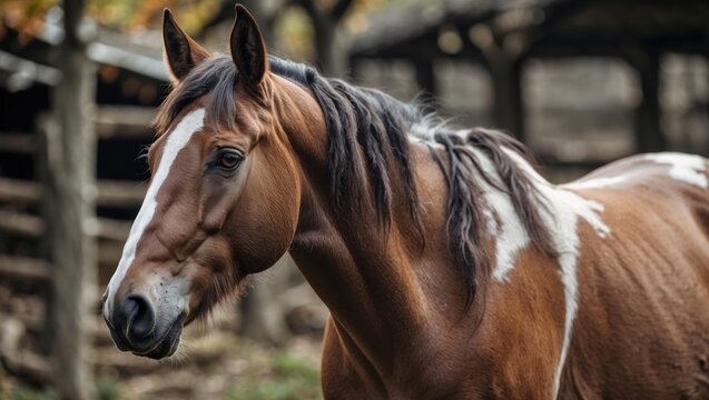 Close-up of a brown horse with white markings standing outdoors in a rustic farm environment with blurred background and natural lighting Copy Space