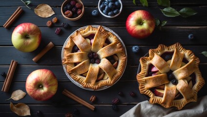 Fototapeta premium Freshly baked apple and berry pies with cinnamon sticks and fresh apples on a wooden table with copy space