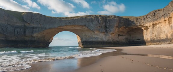 Coastal rock formation with natural arch over calm beach and gentle waves under blue sky with clouds Copy Space