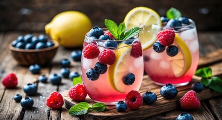 Obraz premium Fresh berry cocktails with lemon slices garnished with mint leaves on wooden table with scattered raspberries and blueberries Copy Space