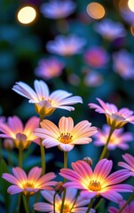 Naklejka premium A stunning close-up of vibrant, glowing flowers in full bloom, illuminated with soft golden light. 