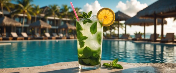 Refreshing mojito cocktail with mint leaves and lemon slice near poolside at luxury resort under sunny sky with palm trees