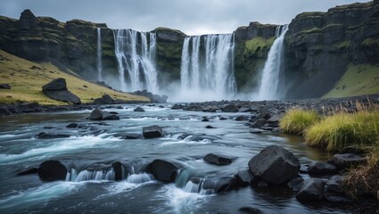 Fototapeta premium Seljalandsfoss Waterfall with Flowing River and Rocky Shore in Iceland Overcast Sky Natural Landscape with Copy Space