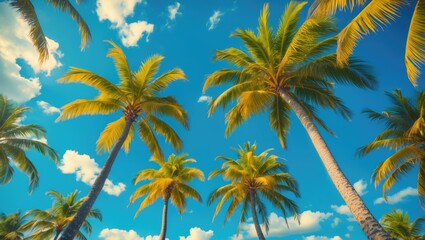 Tropical palm trees against a bright blue sky with white clouds providing a scenic backdrop and copy space for text placement