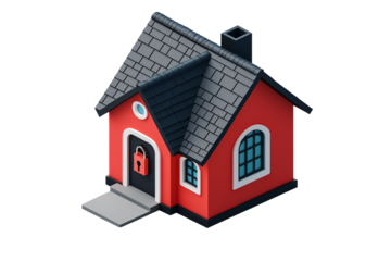 A vibrant red house on transparent background illustration featuring a locked door, symbolizing security and safety. Ideal for themes of protection and home security concepts.