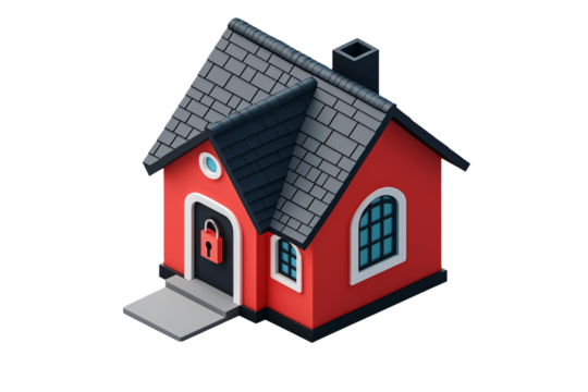A vibrant red house on transparent background illustration featuring a locked door, symbolizing security and safety. Ideal for themes of protection and home security concepts.