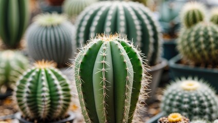 Fototapeta premium Cactus collection in pots with varying shapes and sizes with sharp spines and textures in a natural outdoor setting with Copy Space