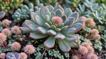 Succulent plants with pink and green foliage in a natural garden setting showcasing texture and detail Copy Space