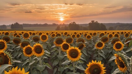 Obraz premium Sunflower field at sunset with vibrant flowers and rich sky colors in the background nature landscape Copy Space