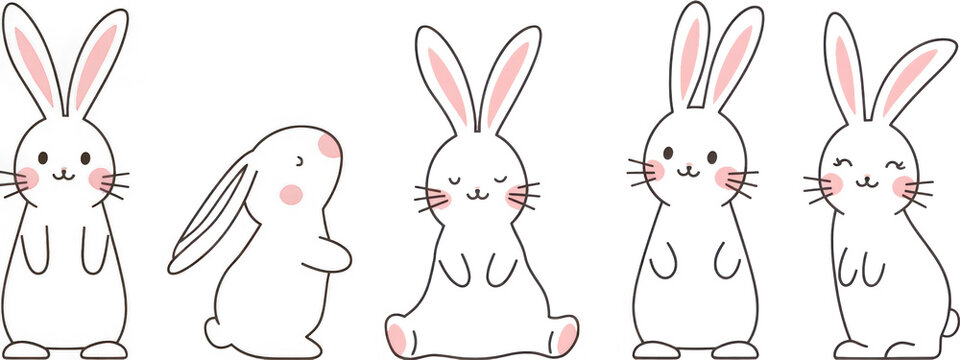 Cute bunny rabbit outline sketch vector illustration. Minimal bunny line art doodle in different poses.
