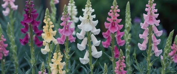 Obraz premium Colorful blossoms of snapdragon flowers in various shades including pink, white, purple, and yellow with green foliage background Copy Space