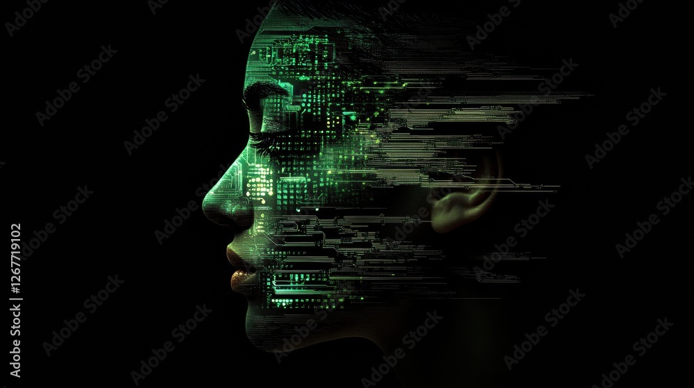 Leinwandbilder human face merging with digital circuits in a futuristic representation of technology and identity. 