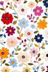 A vibrant, colorful embroidery of various flowers and leaves on a white background, perfect for home decor, fabric design, or crafting projects, It adds a cheerful touch to any creative endeavor,