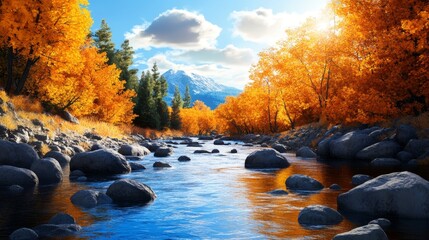 Obraz premium Autumn Stream in Golden Forest - Serene autumn scene, vibrant foliage reflects on a calm stream, symbolizing peace, tranquility, nature's beauty, seasonal change, and the passage of time