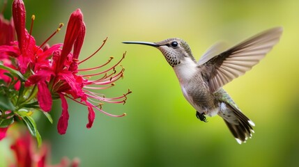Fototapeta premium Majestic Hummingbird in Flight: Close-Up Photography of a Vibrant Red and Green Pairing with Azalea In Bloom