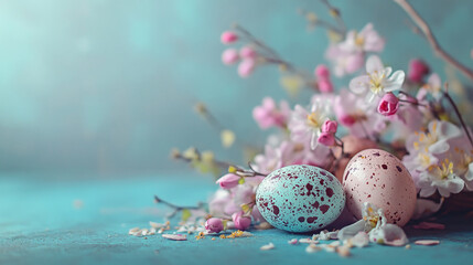 Colorful eggs nestled among blooming flowers create a serene Easter Sunday atmosphere filled with joy and renewal