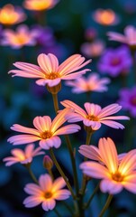 Fototapeta premium A stunning close-up of vibrant, glowing flowers in full bloom, illuminated with soft golden light. 