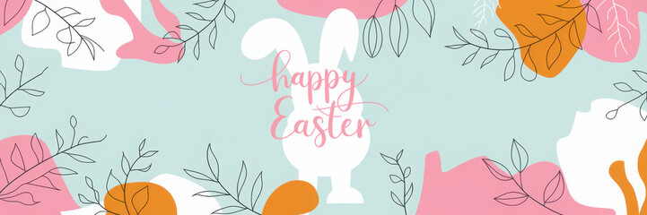 Happy Easter banner. Trendy Easter design with typography, hand painted strokes and dots, eggs and bunny in pastel colors. Modern minimal style. Horizontal poster, greeting card, header for website