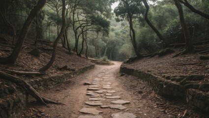 Fototapeta premium Pathway through a forest surrounded by trees with a natural stone walkway leading into the distance Copy Space