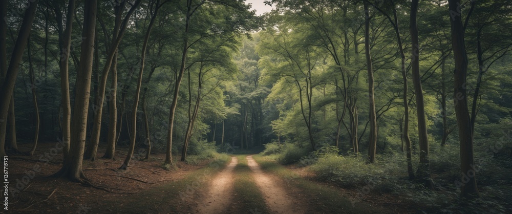 Wall mural dirt path through a dense green forest with tall trees and soft sunlight filtering through the leave