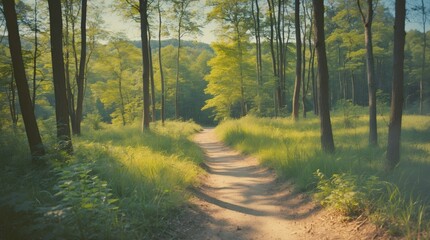 Fototapeta premium Scenic dirt path winding through lush green forest with tall trees and vibrant grass illuminated by sunlight, Copy Space