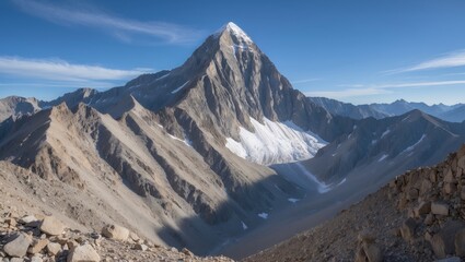 Majestic mountain peak surrounded by rugged terrain and glacial features under clear blue sky with copy space for text