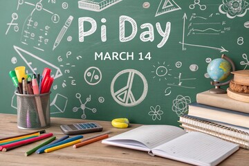 Pi Day, Green School Chalkboard Covered with Math and Science Doodles.