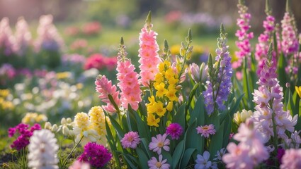 Obraz premium Colorful spring flower garden with various blossoms in soft focus natural light and green background Copy Space
